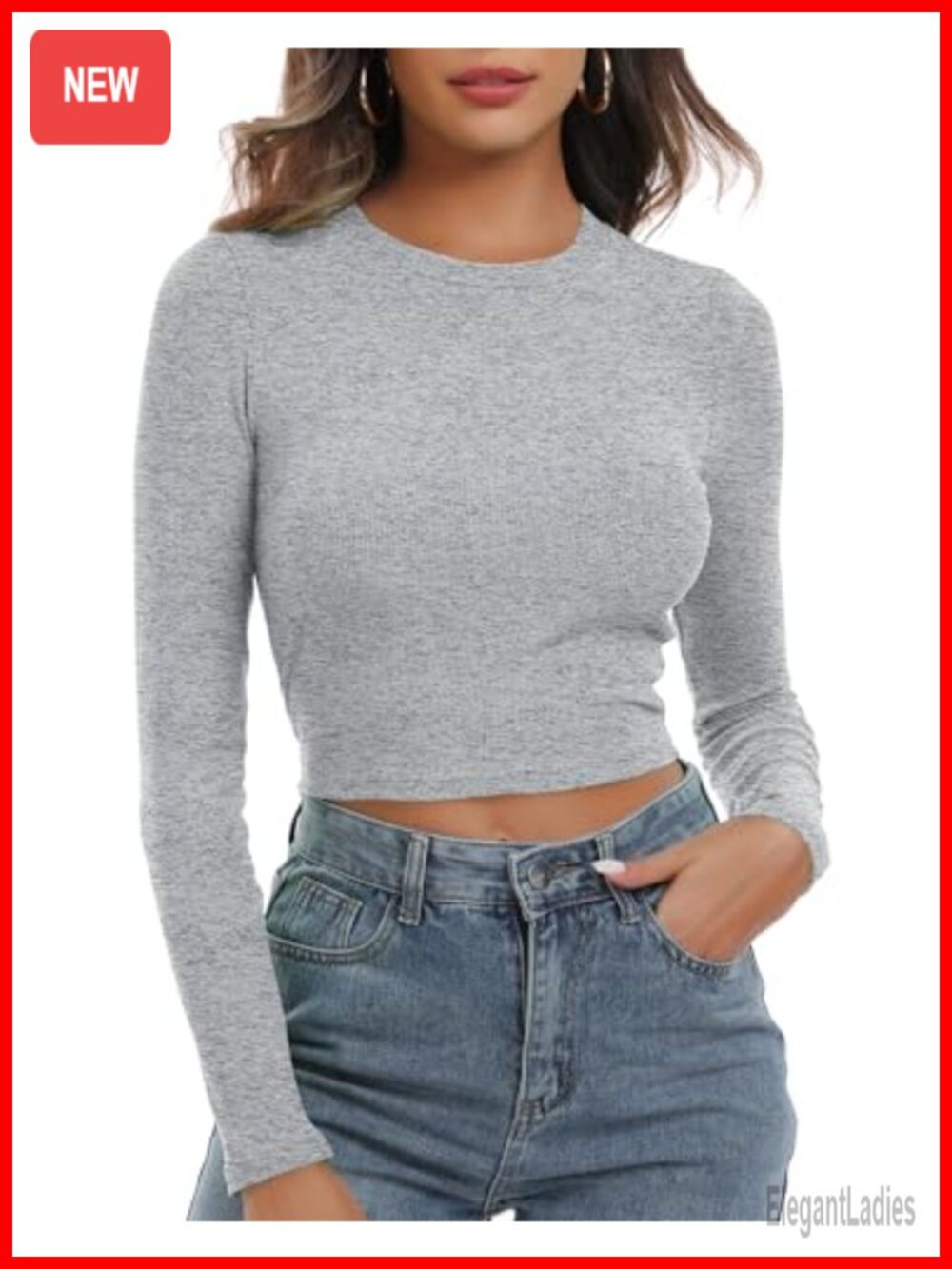 Women's Knit Ribbed Fitted Crop Top Long Sleeve Casual Basic Tee